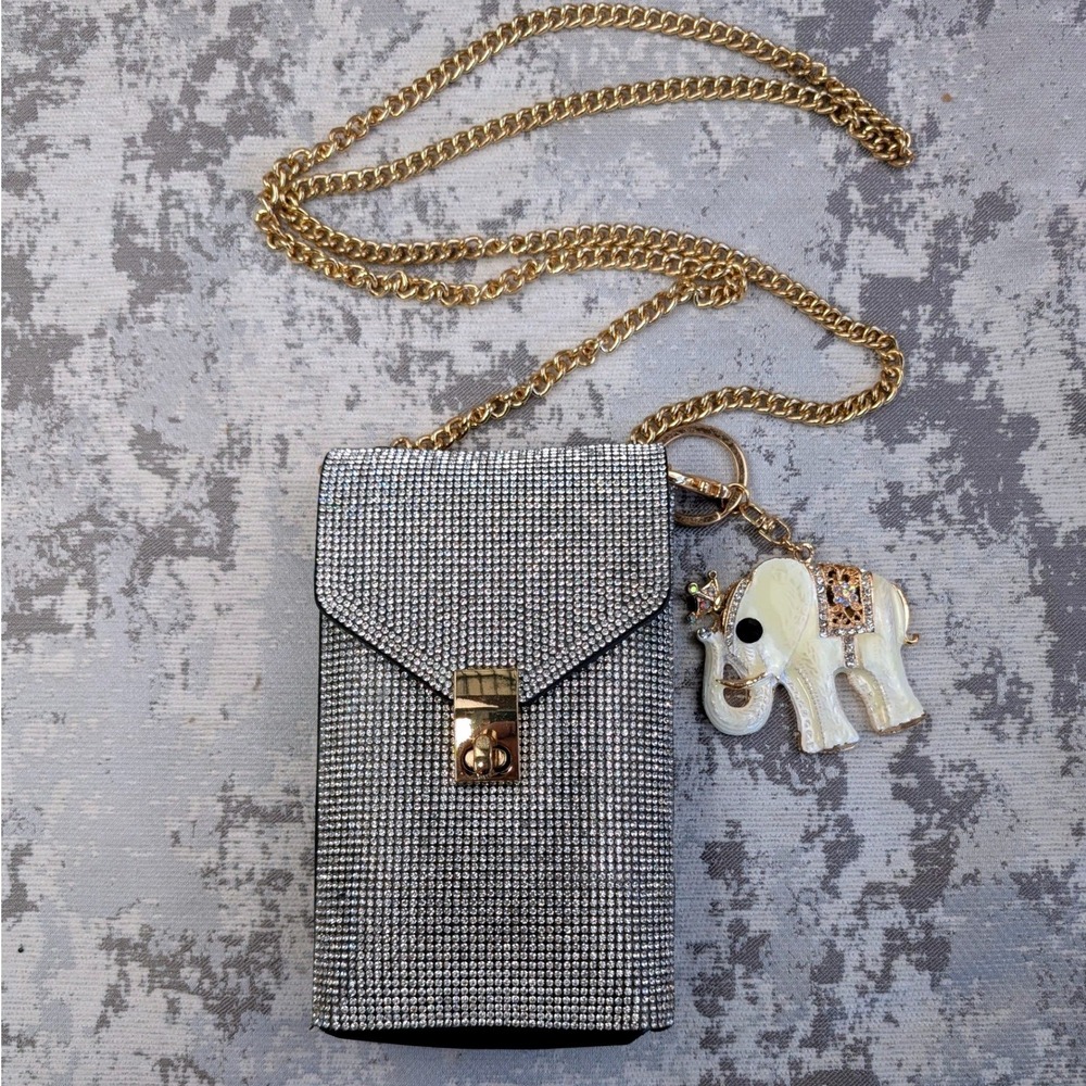 Silver Rhinestone Crossbody Phone Bag Gold Chain Elephant Charm Evening Clutch